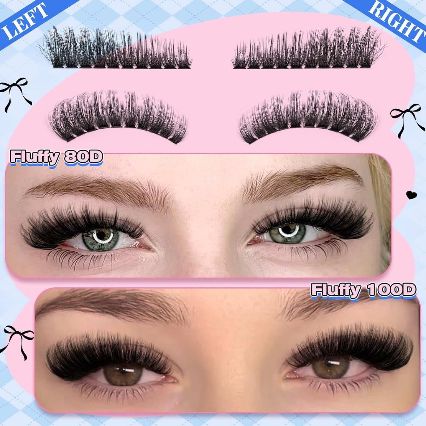 Fluffy 80D 100D Lash Clusters Kit Thick Volume Lash Extension Kit Left/Right Cat Eye Eyelash Extension Kit 10-18Mm D Curl Cluster Lashes Extensions Lash Bond and Seal Tweezers DIY Eyelash Clusters Kit