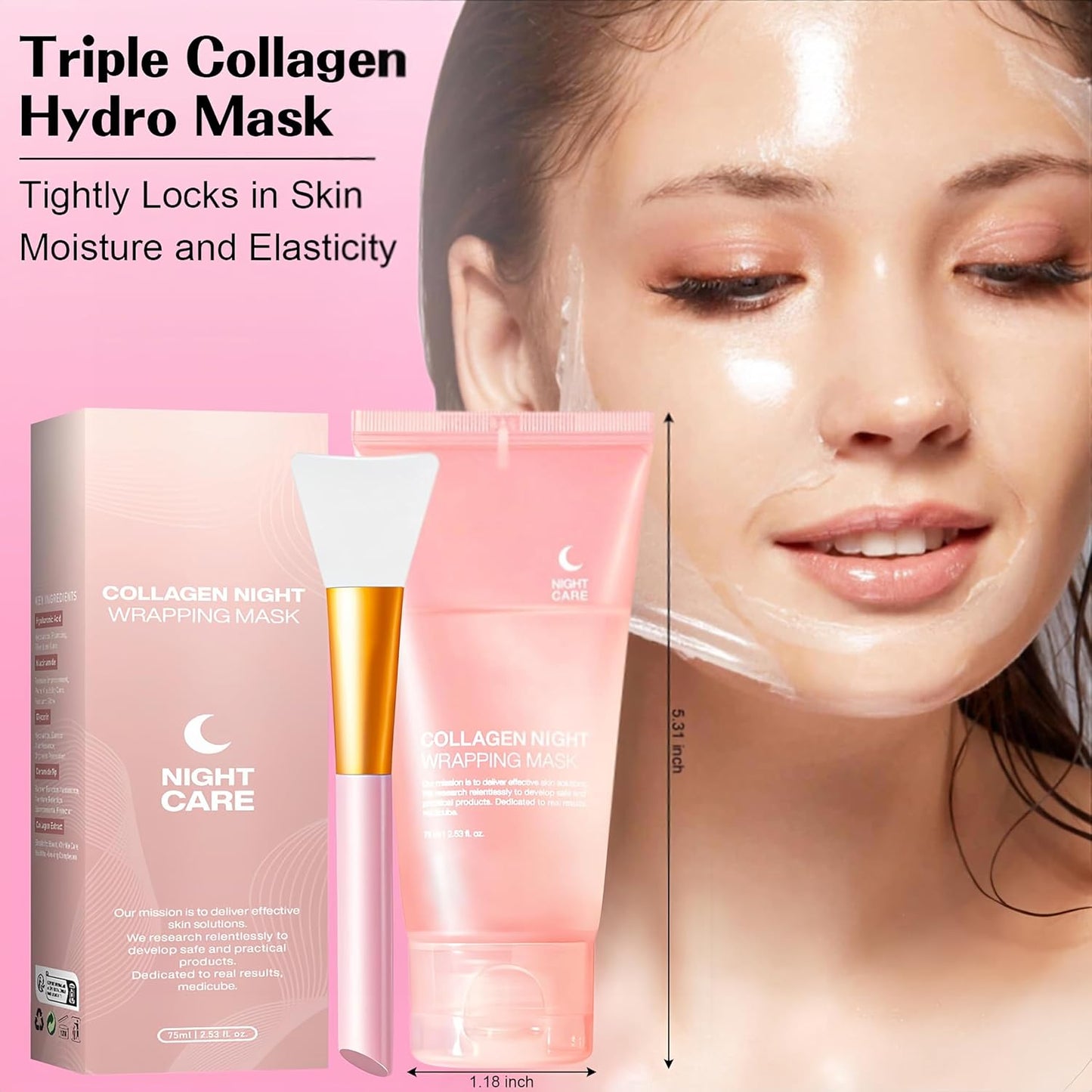 Collagen Night Wrapping Mask,Overnight Peel off Mask, Facial Collagan Wrapping for Elasticity & Hydration, Reduce Sagging & Dullness, Tight Skin, Pink,Pack of 1, 2.53 Fl.Oz(Brush Included) (2 PCS)