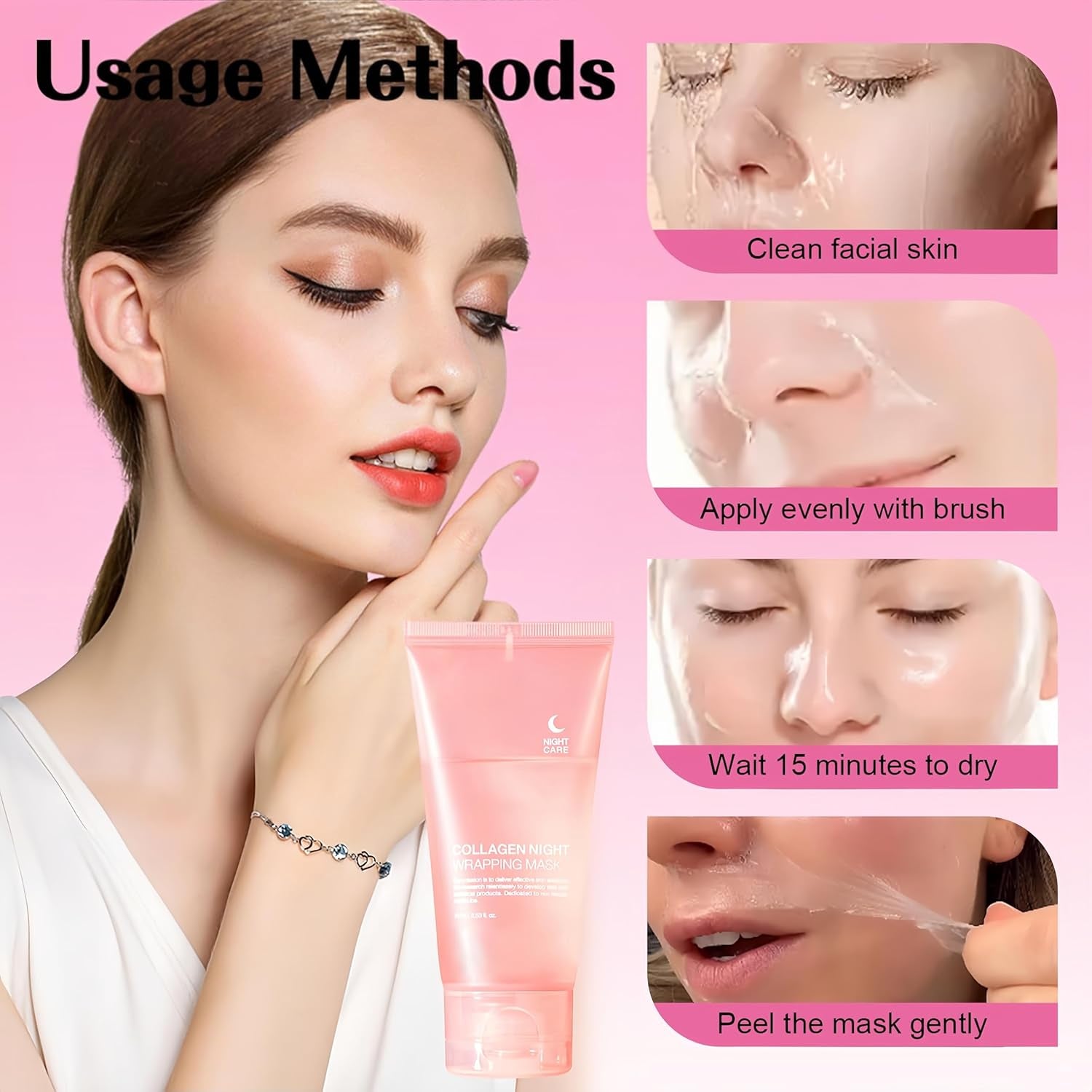 Collagen Night Wrapping Mask,Overnight Peel off Mask, Facial Collagan Wrapping for Elasticity & Hydration, Reduce Sagging & Dullness, Tight Skin, Pink,Pack of 1, 2.53 Fl.Oz(Brush Included) (2 PCS)