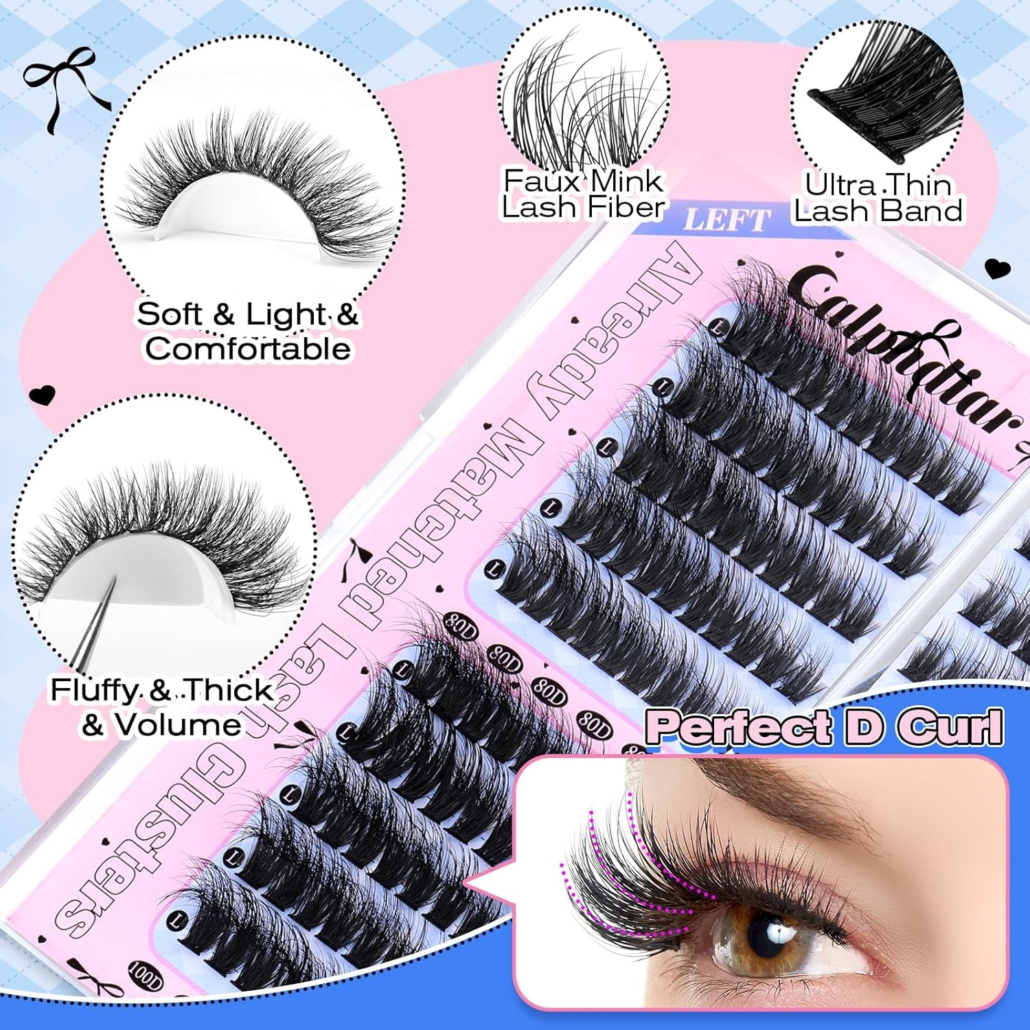 Fluffy 80D 100D Lash Clusters Kit Thick Volume Lash Extension Kit Left/Right Cat Eye Eyelash Extension Kit 10-18Mm D Curl Cluster Lashes Extensions Lash Bond and Seal Tweezers DIY Eyelash Clusters Kit