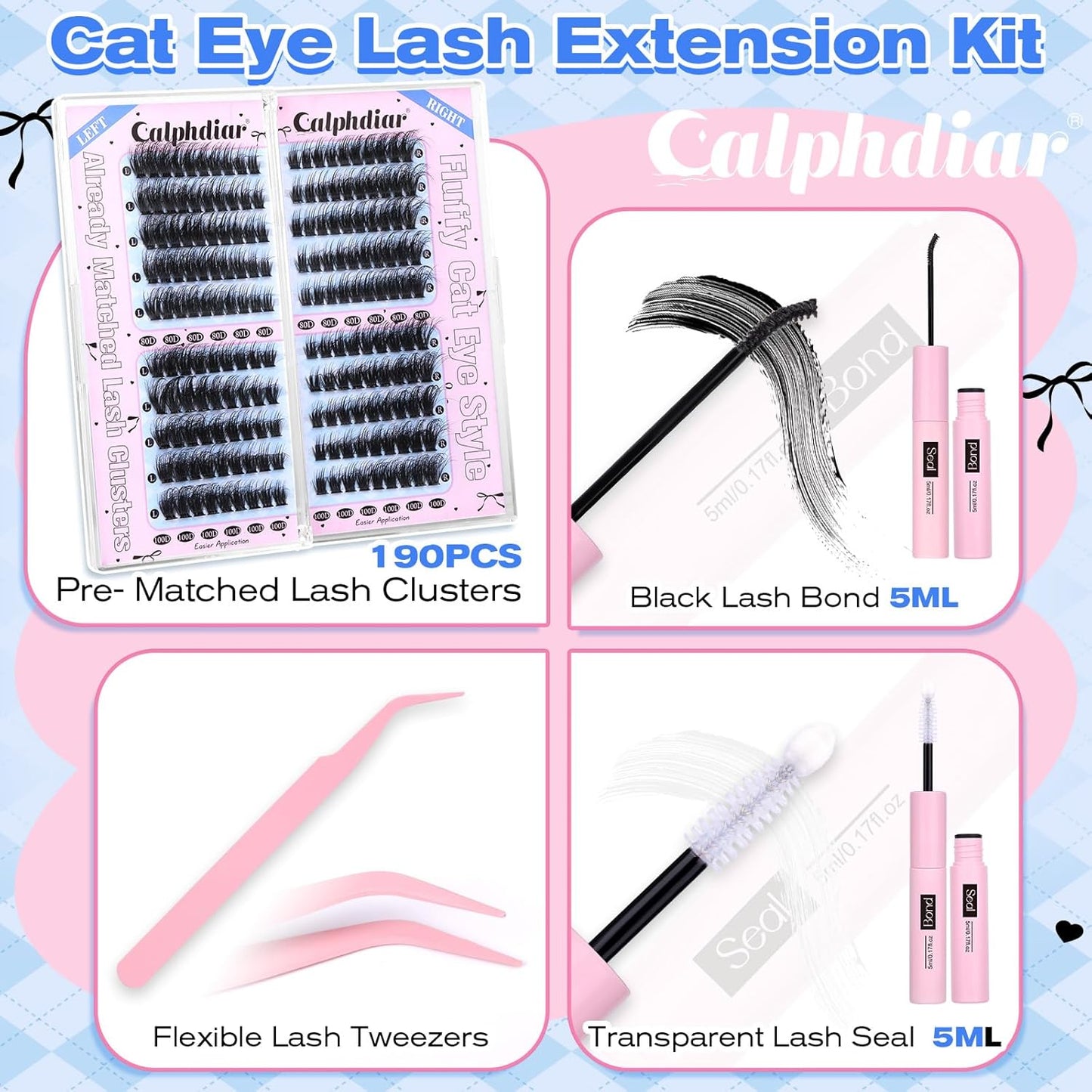 Fluffy 80D 100D Lash Clusters Kit Thick Volume Lash Extension Kit Left/Right Cat Eye Eyelash Extension Kit 10-18Mm D Curl Cluster Lashes Extensions Lash Bond and Seal Tweezers DIY Eyelash Clusters Kit