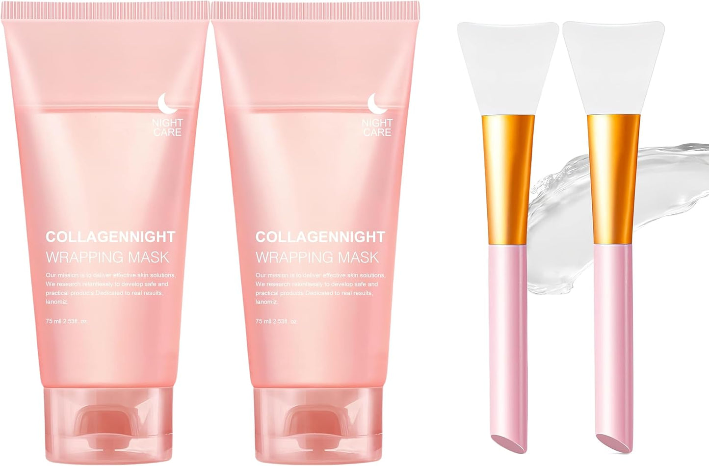 Collagen Night Wrapping Mask,Overnight Peel off Mask, Facial Collagan Wrapping for Elasticity & Hydration, Reduce Sagging & Dullness, Tight Skin, Pink,Pack of 1, 2.53 Fl.Oz(Brush Included) (2 PCS)
