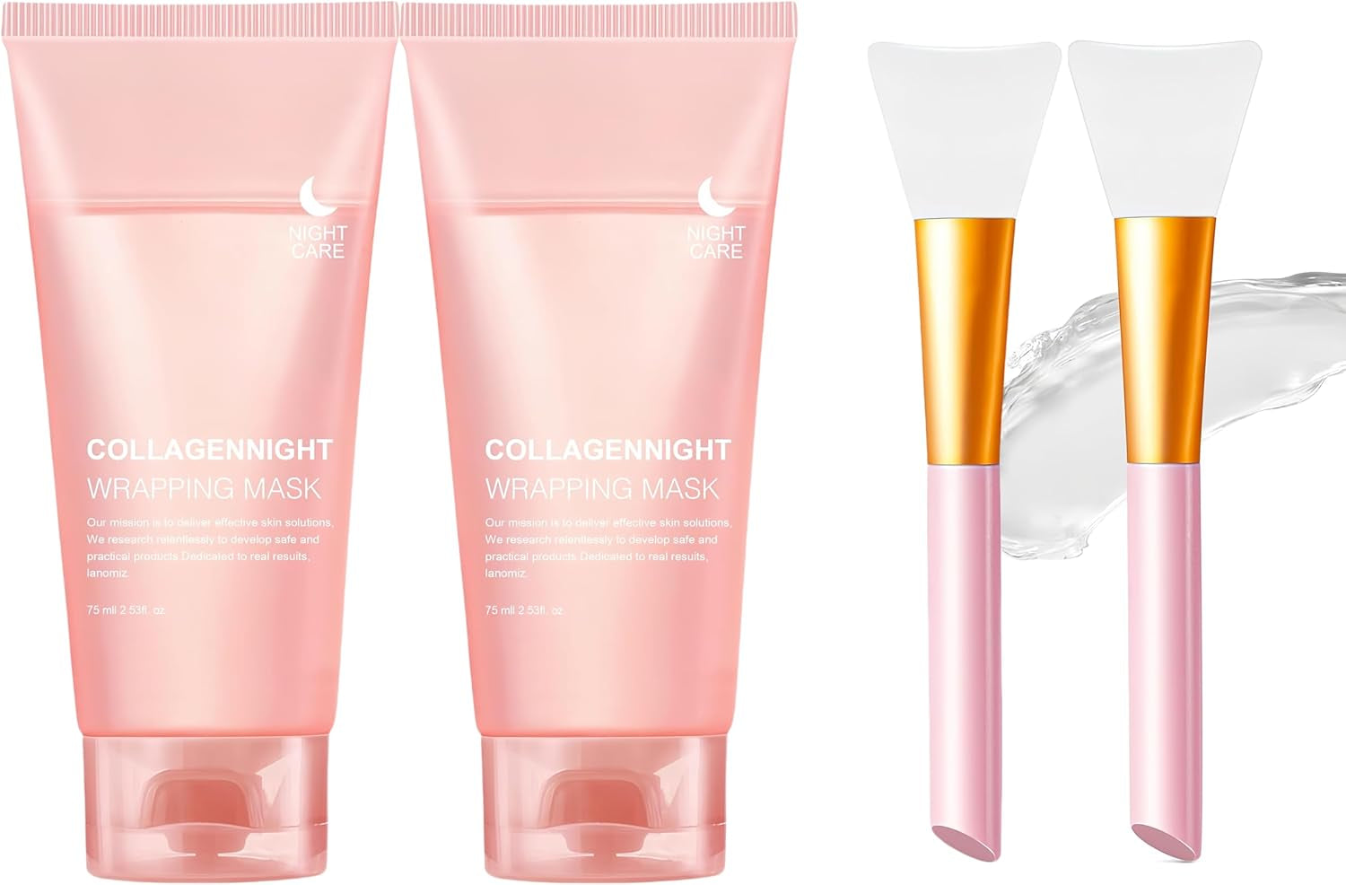 Collagen Night Wrapping Mask,Overnight Peel off Mask, Facial Collagan Wrapping for Elasticity & Hydration, Reduce Sagging & Dullness, Tight Skin, Pink,Pack of 1, 2.53 Fl.Oz(Brush Included) (2 PCS)