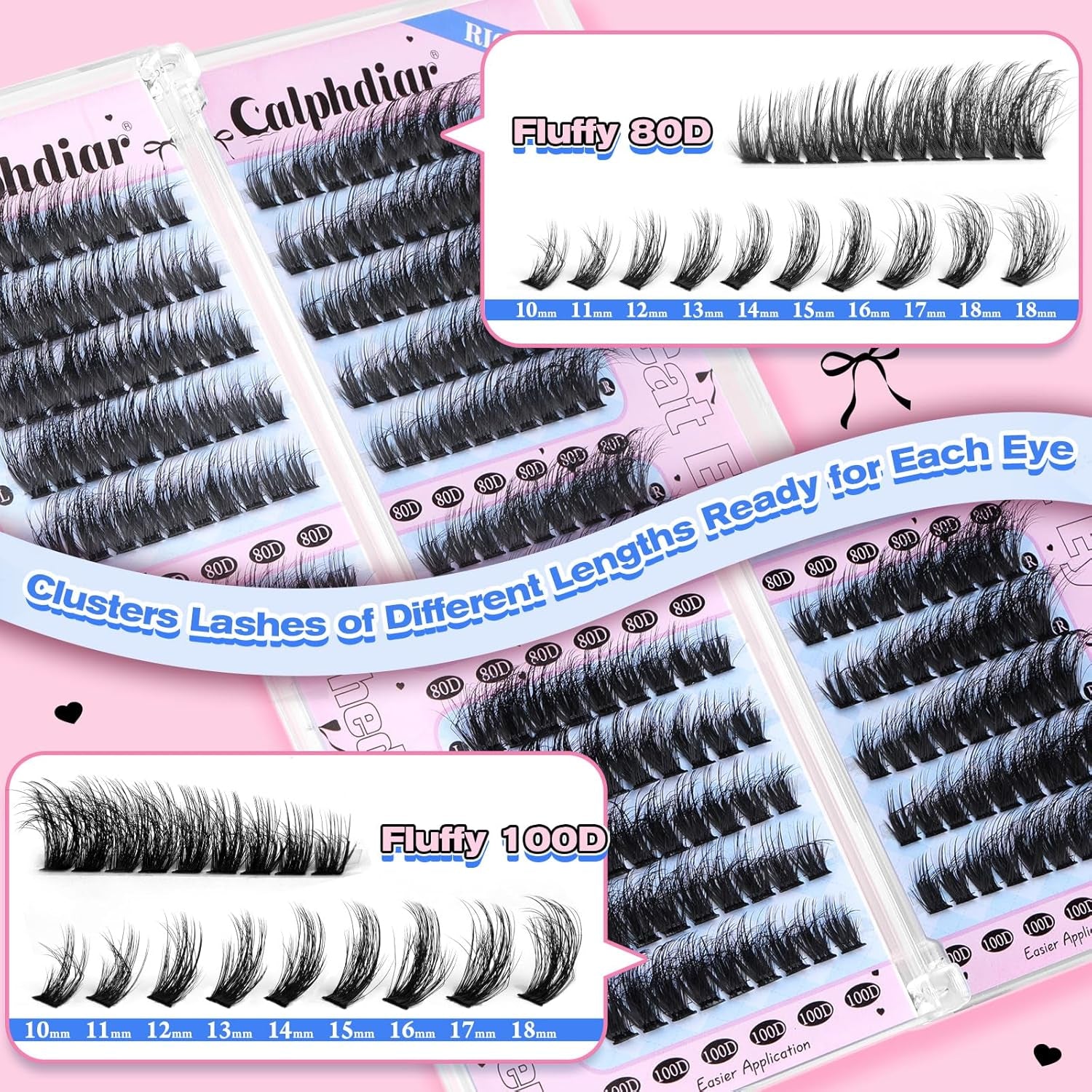 Fluffy 80D 100D Lash Clusters Kit Thick Volume Lash Extension Kit Left/Right Cat Eye Eyelash Extension Kit 10-18Mm D Curl Cluster Lashes Extensions Lash Bond and Seal Tweezers DIY Eyelash Clusters Kit