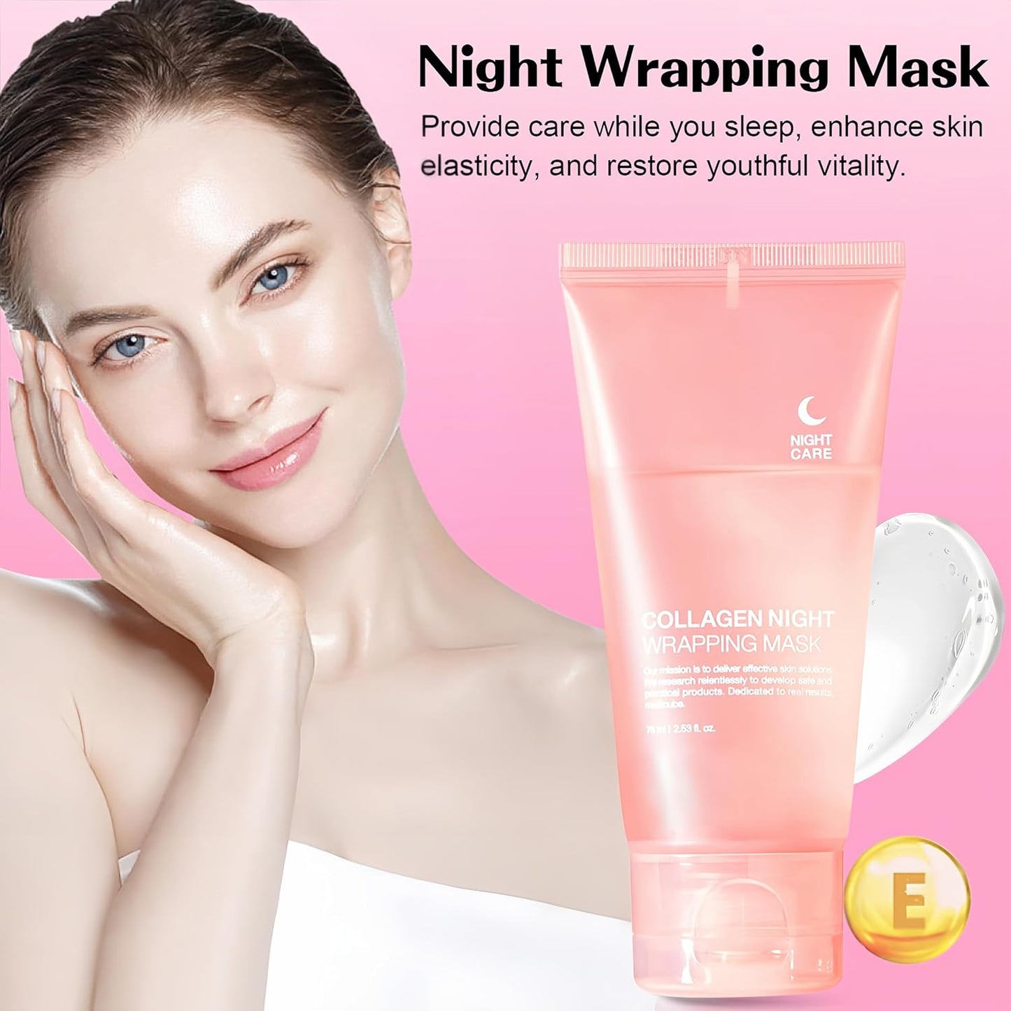 Collagen Night Wrapping Mask,Overnight Peel off Mask, Facial Collagan Wrapping for Elasticity & Hydration, Reduce Sagging & Dullness, Tight Skin, Pink,Pack of 1, 2.53 Fl.Oz(Brush Included) (2 PCS)